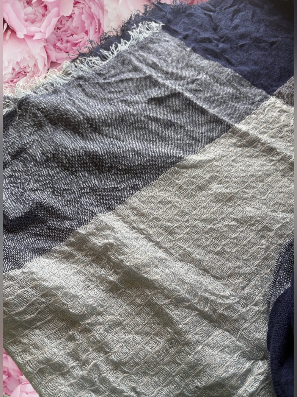 Blue Patch Shawl/Scarf with Frayed Edges